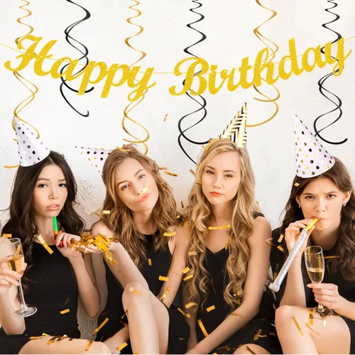 Miniatura 6 de Paquete de decoración de fiesta de cumpleaños para mujeres y hombres - 21 piezas. Banner feliz, papel de banderines, linternas de panal, pompones