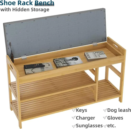 Miniatura 4 de HIFIT Banco Zapatero de Bambú con Almacenamiento, Banco de Almacenamiento de 2 Niveles para Entrada con Asiento Acolchado, Estante Organizador