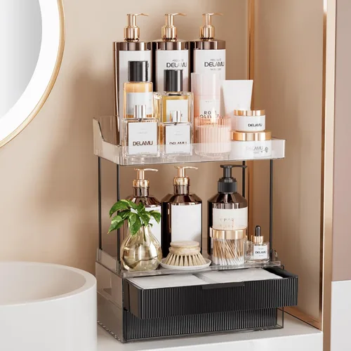 Miniatura 15 de Delamu Organizadores y Almacenamiento de Baño, Organizador de Maquillaje de 2 Niveles 2 Cajones para Encimera, Fácil de Instalar, Ideal para Blanco