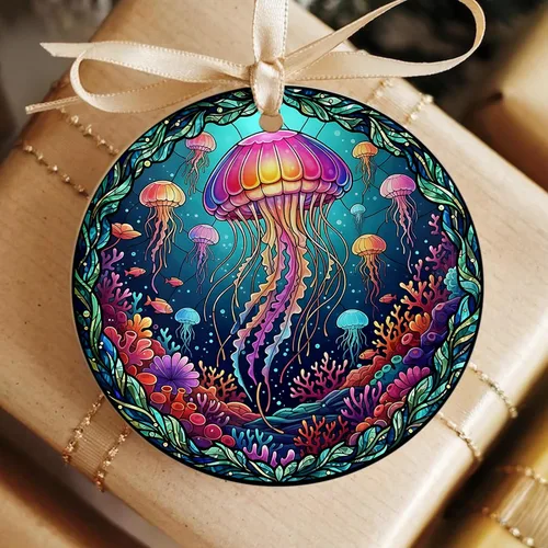 Miniatura 4 de Velyra Adorno de Navidad 2025 – Adorno de cerámica estilo vitral de medusas, decoración bajo el mar para árbol, regalo de arte de vida marina