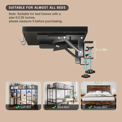 Miniatura 4 de Magheo Estante plegable para mesita de noche, estante de metal con clip para litera superior, bandeja de mesa auxiliar de cama resistente para Negro