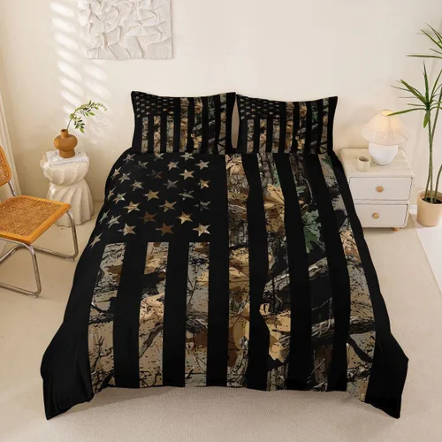 Miniatura 43 de Funda de edredón rústica tamaño Queen, juego de ropa de cama retro para cabaña de cabaña, oso de caza, ciervo, hojas de arce, funda de edredón