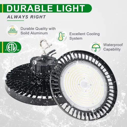 Miniatura 5 de OSTEK 480V 150W UFO LED High Bay Light 21000LM, 5000K 0-10V Dimmable Granero Taller Alta Bahía Iluminación Accesorio ETL DLC Listado US Hook 5' Cable