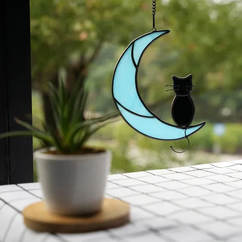 Miniatura 2 de Black Cat Decor On Moon Suncatcher Decoration,Cat Memorial Gifts for Cats Lovers Stained Glass Window Hangingt,Cats Loss Sympathy Gift,Pet Memorial
