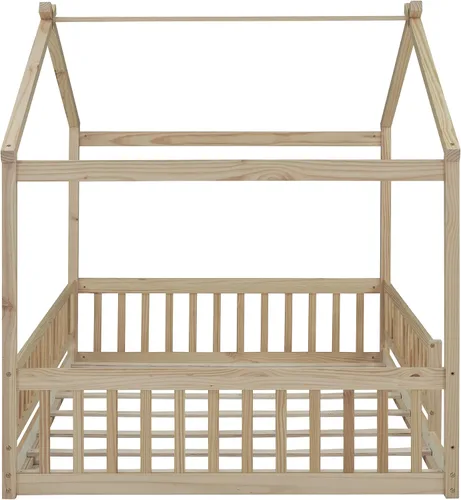 Miniatura 8 de RUNNA Marco de cama de madera de tamaño matrimonial con valla, para niños, adolescentes, niñas, niños, (Natural-Thinck 4col)