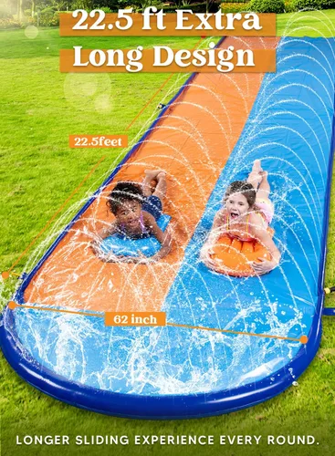 Miniatura 2 de Sloosh Toboganes de agua dobles de 22.5 pies, tobogán de césped resistente con aspersor y 2 tablas inflables, patio trasero, césped, verano, juguete
