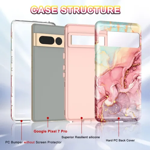 Miniatura 3 de Btscase Funda para Google Pixel 7 Pro, patrón de mármol 3 en 1, resistente a prueba de golpes, cuerpo completo, policarbonato duro y suave