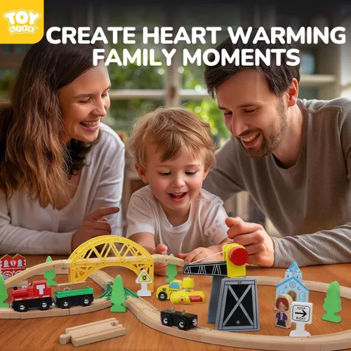 Miniatura 6 de TOY Life Juego de tren de madera, 60 piezas con grúa magnética, juguetes de madera para niños y niñas de 3, 4, 5, 3 años, juguetes de madera