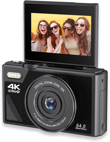 Cámara digital, zoom 18X anti vibración 64MP y cámara UHD 4K con tarjeta de memoria de 256 GB, pantalla IPS de 3 pulgadas para niños y niñas (negro)
