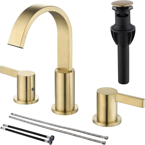 TRUSTMI Grifo de baño dorado cepillado de 8 pulgadas, 3 agujeros, 2 manijas, latón con boquilla giratoria de 360 grados, drenaje de desbordamiento y