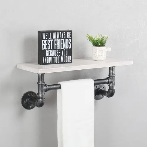 Miniatura 14 de MBQQ Estante de tubería industrial para baño, estantes montados en la pared, estante de madera rústica de 19.6 pulgadas con toallero, toallero