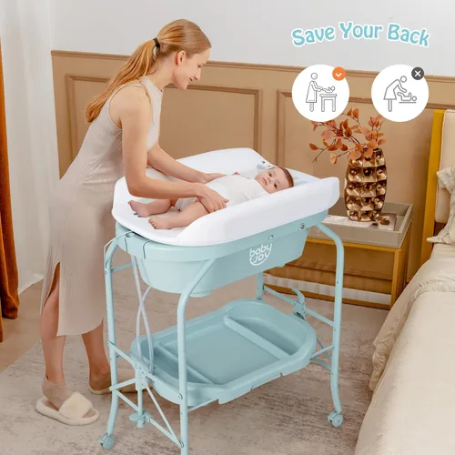 Miniatura 7 de BABY JOY Bañera para bebé con cambiador, estación plegable para cambiar pañales con bandeja de almacenamiento, almohadilla impermeable, organizador
