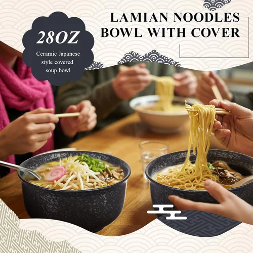 Miniatura 7 de SiliFine Juego de 2 cuencos de cerámica para ramen con tapa, olla de arcilla para microondas de 25 onzas, vajilla tradicional japonesa, olla