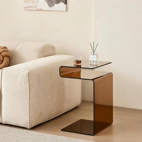 Miniatura 3 de Mesita de noche de cristal, mesa auxiliar, mesa auxiliar en forma de S para sala de estar, mesita de noche para dormitorio (marrón)