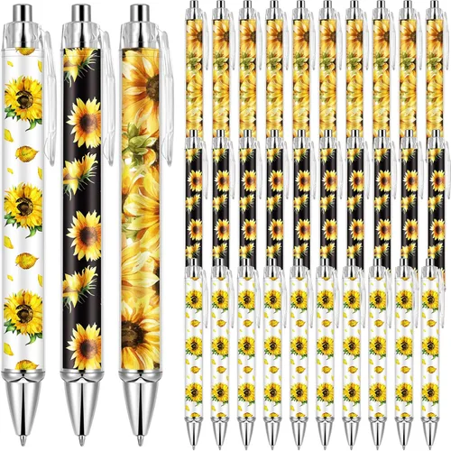 Qilery 30 bolígrafos de girasol retráctiles a granel de flores amarillas florales creativas para plantas, bolígrafo de tinta negra, punta media de