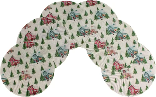 Miniatura 5 de Juego de 6 manteles individuales trenzados tejidos con estampado navideño de 15 pulgadas redondos, antideslizantes para mesa de comedor y cocina