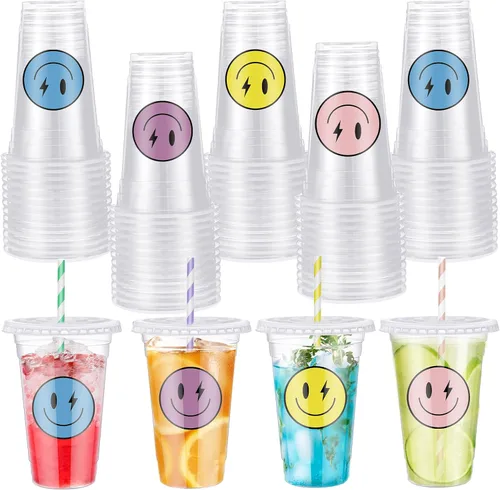 Norme Juego de 52 vasos de plástico con tapa de cara sonriente de 16 onzas, tazas de café helado desechables transparentes con rayas de colores,