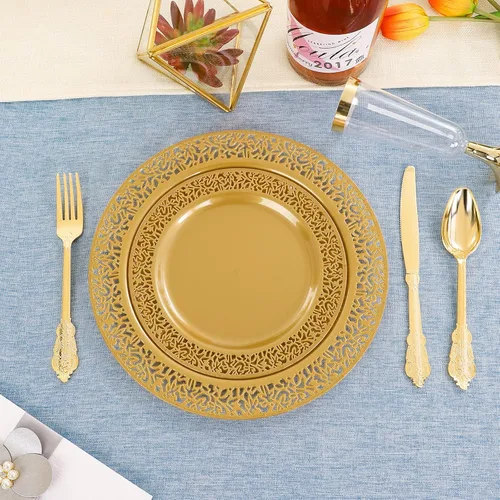 Miniatura 5 de DaYammi 210 platos desechables de oro sólido con cubiertos y tazas, platos de plástico dorado para fiesta incluyen: 30 platos llanos, 30 platos