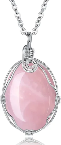 XIANNVXI Collar de cristal curativo envuelto en alambre, collar con colgante de piedra ovalada, collar con dije de piedra preciosa natural