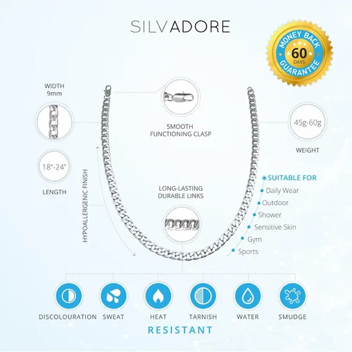 Miniatura 4 de Silvadore 9mm Miami CUBAN Link Chain for Men Necklace - NON-TARNISH & FADE-PROOF Real Silver Stainless Steel - Boys Mens Christmas Gifts - Thick Big