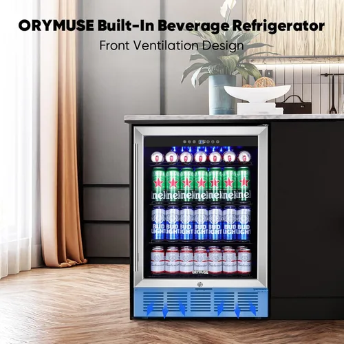 Miniatura 3 de ORYMUSE Refrigerador de bebidas de 24 pulgadas, enfriador de bebidas para 180 latas debajo del mostrador con puerta de vidrio y cerradura, mini