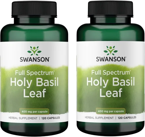 Swanson Hoja de albahaca sagrada (Tulsi) – Suplemento de apoyo al estrés y bienestar – (120 cápsulas, 800 mg por porción), paquete de 2
