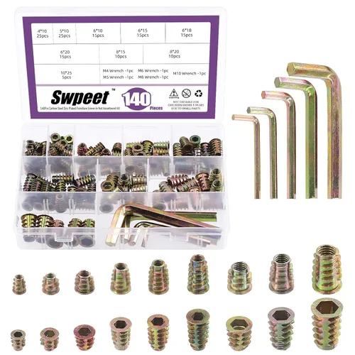 Swpeet Juego de 140 piezas de acero al carbono métrico M4 M5 M6 M8 M10 color zinc chapado en zinc muebles de madera Tornillo en tuerca con brida
