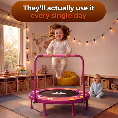 Miniatura 6 de Happin® 36'' Toddler Trampoline Indoor, Foldable Mini Trampoline for Kids Ages 2-6, ASTM Certified, Adjustable Handle, Safety Pad for Indoor &
