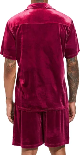 Miniatura 69 de LecGee Conjunto de pantalones cortos casuales de verano para hombre, camisa de terciopelo de manga corta con botones, pantalones cortos de cintura