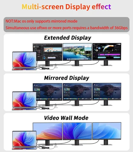 Miniatura 6 de Adaptador USB C a 3 × HDMI Divisor HDMI 4K60Hz Pantalla extendida Hub MST de 1 en 3 salidas con PD de 100 W para múltiples monitores convertidor