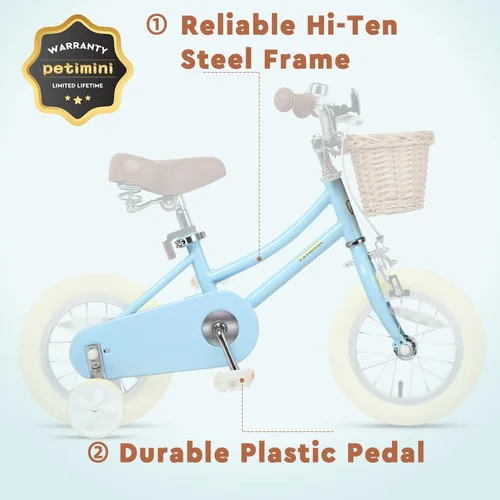 Miniatura 5 de Petimini Vintage Kids Bike for Girls, 12–20 Inch Classic Bicycle with Wicker Basket & Bell, High Tensile Steel Frame, Training Wheels (12–18”), 85%
