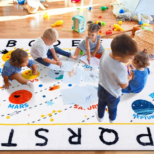 Miniatura 7 de ABC Space - Alfombra para niños, 3 pies 3 pulgadas x 4 pies 11 pulgadas, antideslizante, alfabeto, alfombra lavable, alfombra de felpa suave
