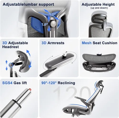 Miniatura 4 de marrap Silla de oficina ergonómica, cojín de asiento de malla con reposabrazos 3D y reposacabezas 3D, soporte lumbar ajustable con función