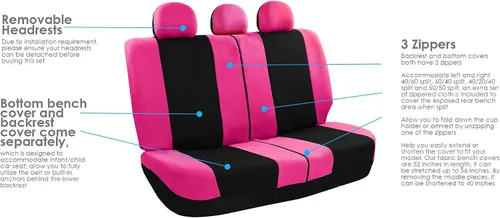 Miniatura 5 de Juego de funda para asiento bolsas de aire de tela negra ligera y fresca FH Group FH-FB030115-SEAT lista para separar; se ajusta a la mayoría de Rosa