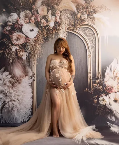 Miniatura 5 de Vestidos de maternidad de manga larga con hombros descubiertos para sesión de fotos de tul con apliques de encaje, vestido de embarazo, vestido
