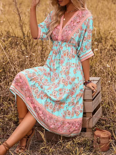 Miniatura 5 de OYOANGLE Vestido midi acampanado de media manga con cuello en V y estampado floral bohemio para mujer