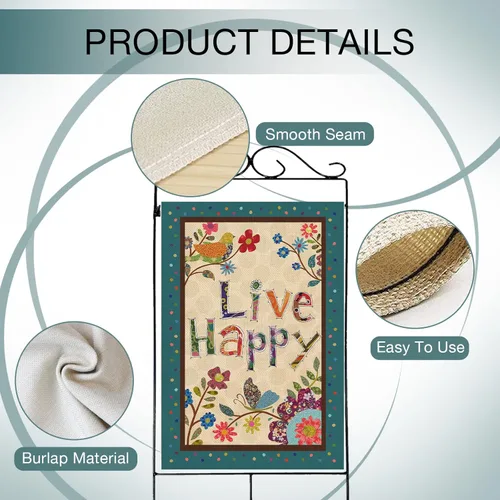 Miniatura 4 de Hzppyz Live Happy - Bandera decorativa grande para casa, diseño de pájaro, primavera y verano, cita inspiradora para jardín, patio, decoración