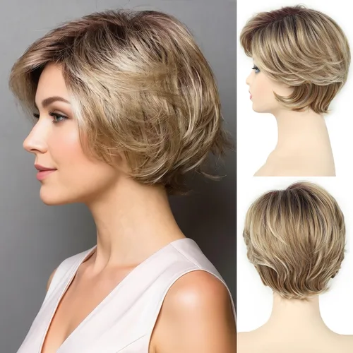 SEVENCOLORS Pelucas rubias cortas para mujeres blancas, onduladas en capas, corte Pixie con flequillo, pelo sintético, rubio, reflejos, aspecto