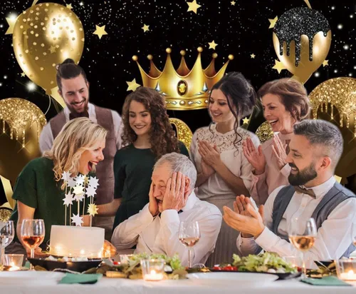 Miniatura 3 de Telón de fondo para fotografía de cumpleaños número 50 para mujeres y hombres, globo con purpurina negra y dorada, telón de fondo para fotos