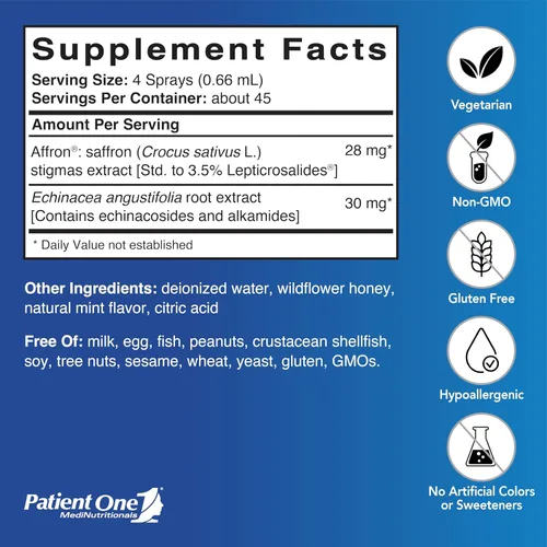 Miniatura 2 de Patient One Saffro-Calm Plus Suplemento en aerosol oral para apoyar el estado de ánimo positivo y una respuesta saludable al estrés.* Con
