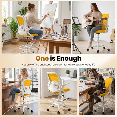 Miniatura 5 de Primy Silla de Dibujo Silla Alta de Oficina con Reposabrazos Abatibles Silla Ejecutiva Ergonómica de Computadora para Escritorio de Pie con Soporte