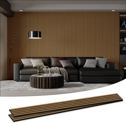 Miniatura 19 de Paquete de 4 paneles acústicos de pared de 105.9" x 12.6" x 0.8" que absorben sonido, paneles de pared de listones de madera para decoración de Teca
