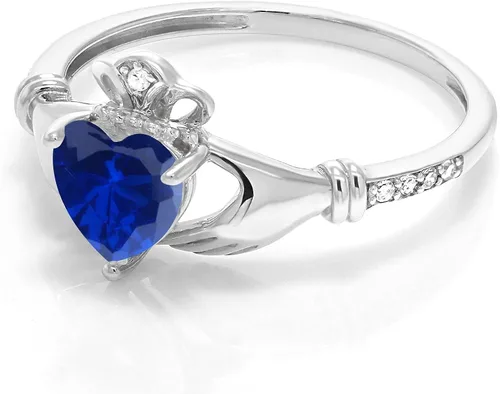Miniatura 3 de Gem Stone King Anillo Claddagh celta irlandesa de oro blanco de 10 quilates con zafiro y diamante blanco para mujer