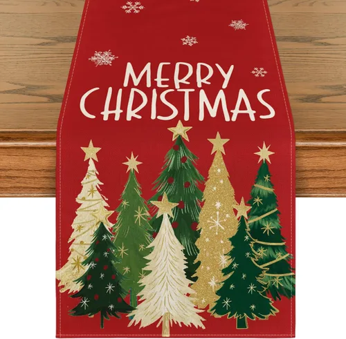 Artoid Mode Camino de Mesa de Feliz Navidad con Árboles de Navidad y Copos de Nieve Rojos 210 GSM, Decoración de Mesa de Comedor de Cocina de