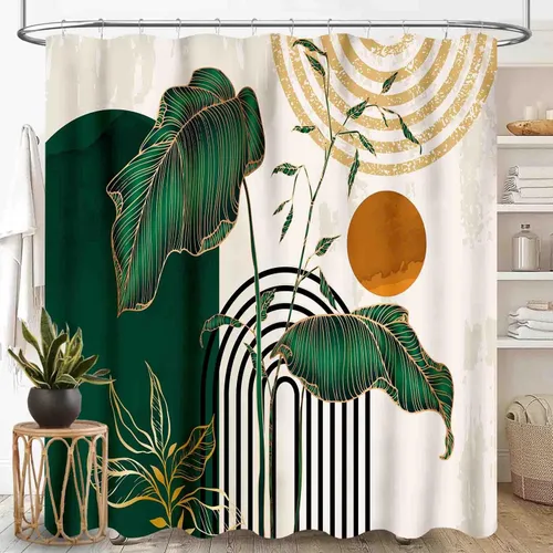 Miniatura 19 de Cortina de ducha bohemia, moderna de mediados de siglo, abstracto, tropical, palmera, salvia, hoja verde, botánica, fase lunar, arco estético