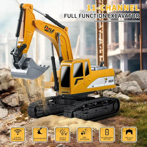 Miniatura 2 de Juguetes de excavadora a control remoto, 1: Camión excavador de ingeniería para niños con sonidos de luces de pala de metal, giros de 680 grados