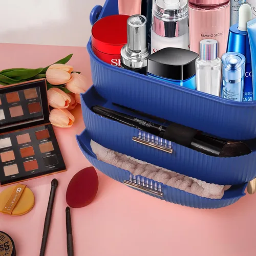 Miniatura 2 de MASSY Caja de almacenamiento de maquillaje con forma de huevo (Oval), organizador portátil de cosméticos de tocador de encimera Preppy