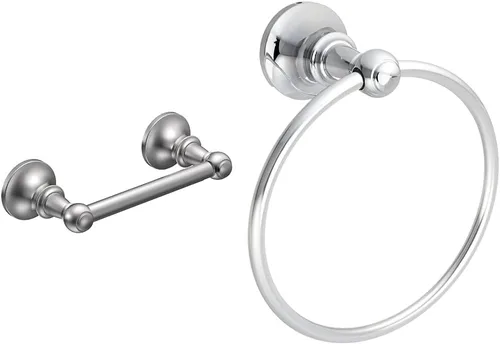 Moen DN4408CH Vale - Soporte de papel higiénico giratorio de doble poste, cromado, 3.07 x 0.12 pulgadas y anillo de toalla DN4486CH Colección Vale,
