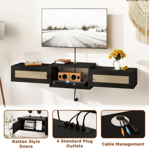 Miniatura 5 de IBUYKE Soporte flotante moderno de ratán para TV con puertas, estante de TV montado en la pared para televisores de hasta 55 pulgadas, consola