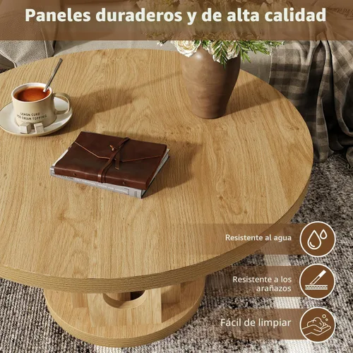Miniatura 3 de knoworld Mesa de centro redonda de 31.5 pulgadas, pequeño círculo de madera central, panel de orificios, diseño de empalme, mesas de centro